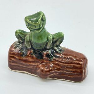 Vintage Frog on a Log Ceramic Figurine